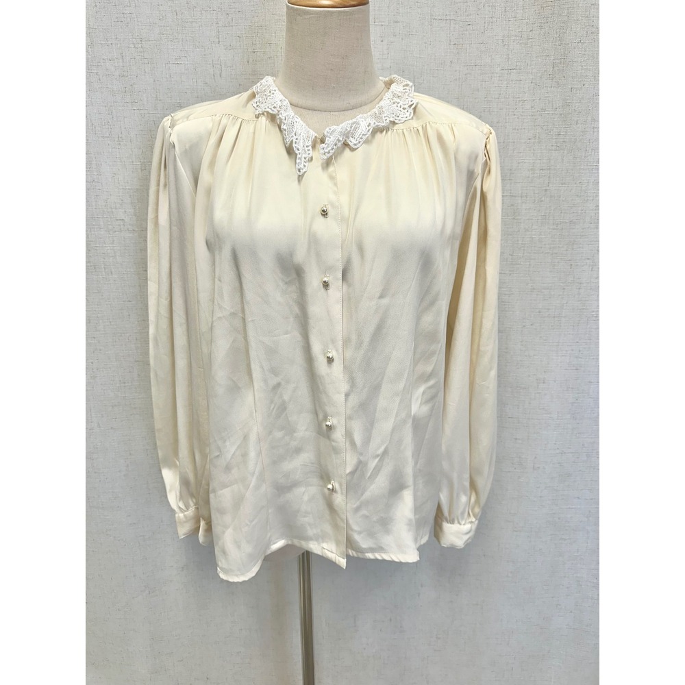 La Blouse Blouse Women 8 Cream Lace‎ Collar Pearl Button Up Vintage 70s Granny